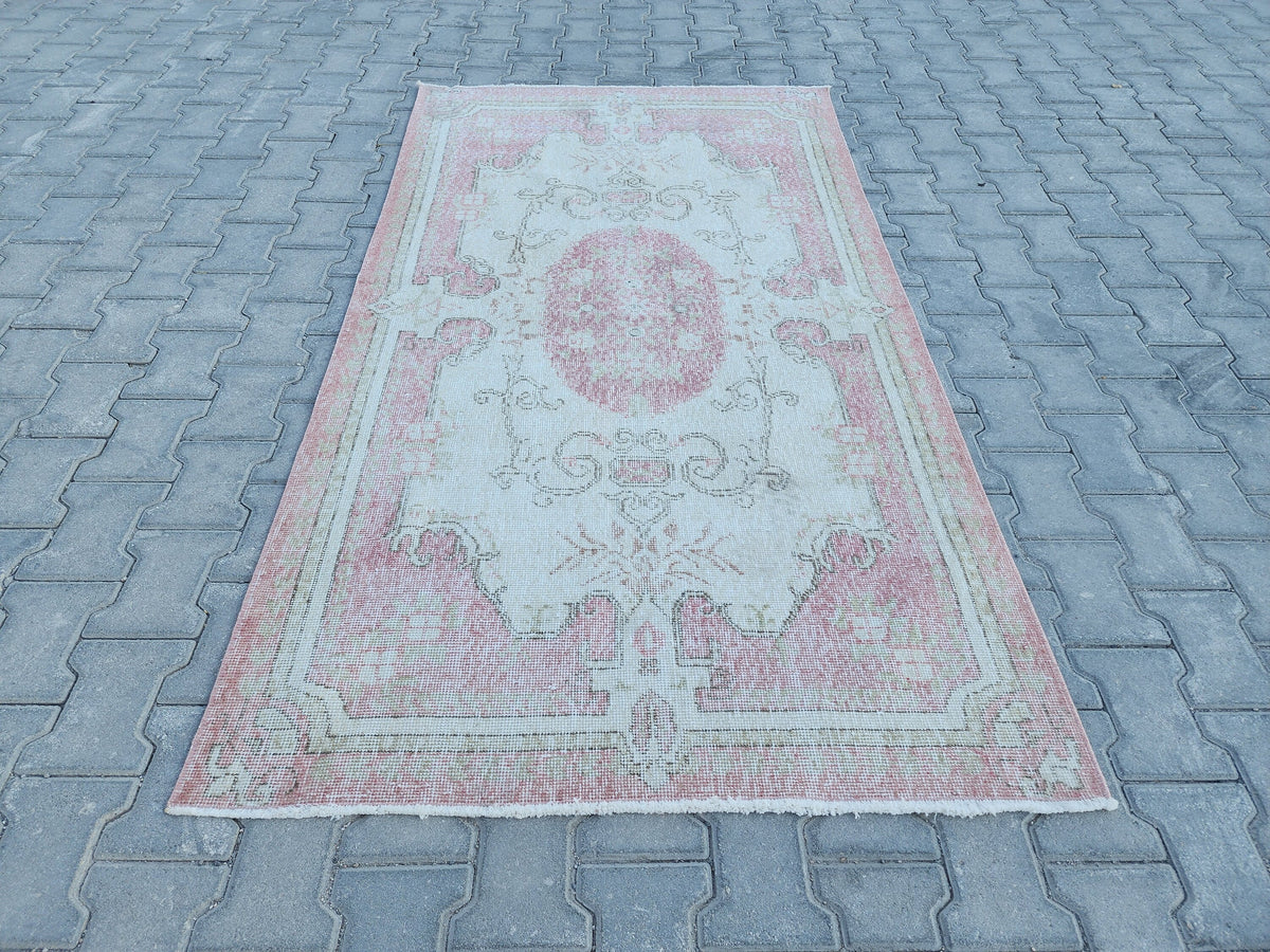 Handwoven Turkish Isparta Oushak Rug 4x7: Pink Wool Oriental Rug