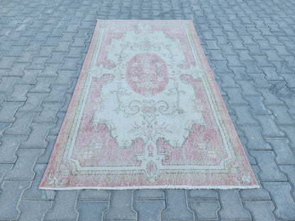 Handwoven Turkish Isparta Oushak Rug 4x7: Pink Wool Oriental Rug