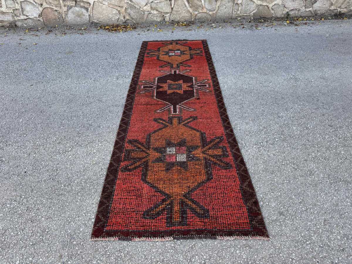 3x9 Geometric Herki Runner: Handwoven Wool in Red and Brown Tribal Design