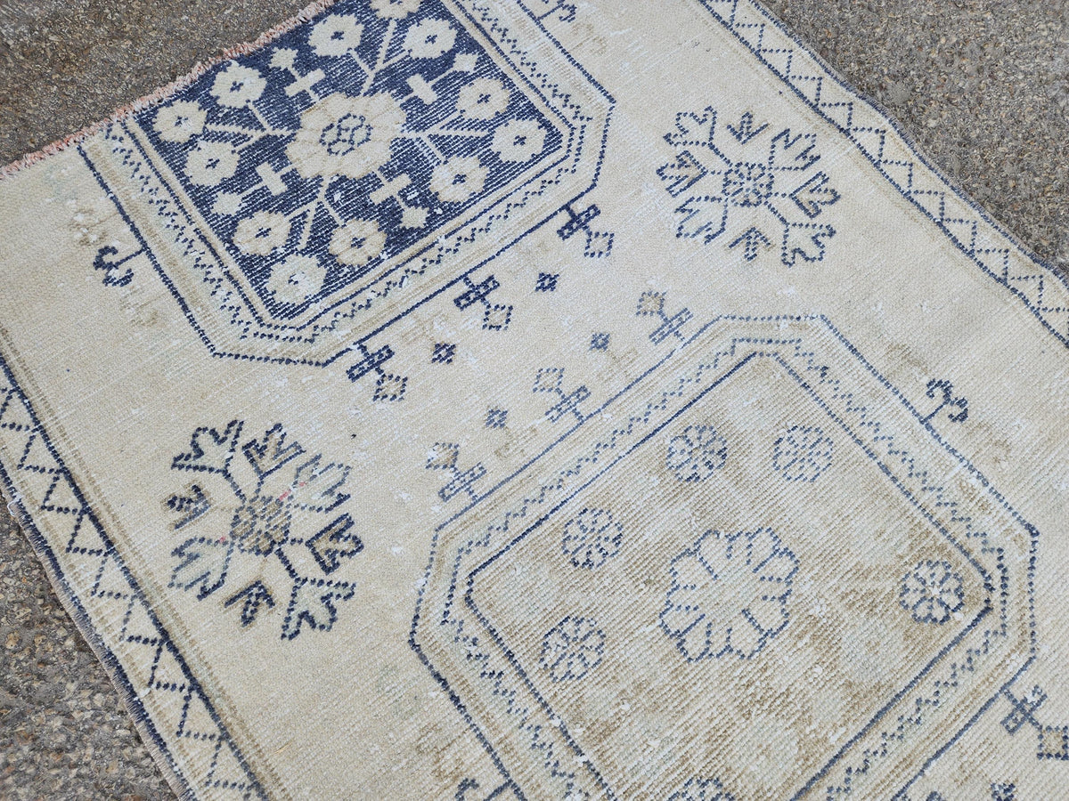 Neutral Geometric Runner Rug 3x10, Turkish Hand Made Rustic Home Decor, Beige and Blue Wool