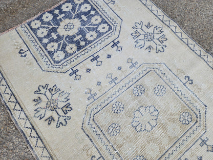 Neutral Geometric Runner Rug 3x10, Turkish Hand Made Rustic Home Decor, Beige and Blue Wool