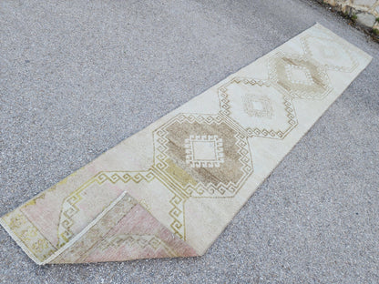 2x12 Neutral Rug, Hand Knotted Wool Turkish Runner, Farmhouse Stair Decor