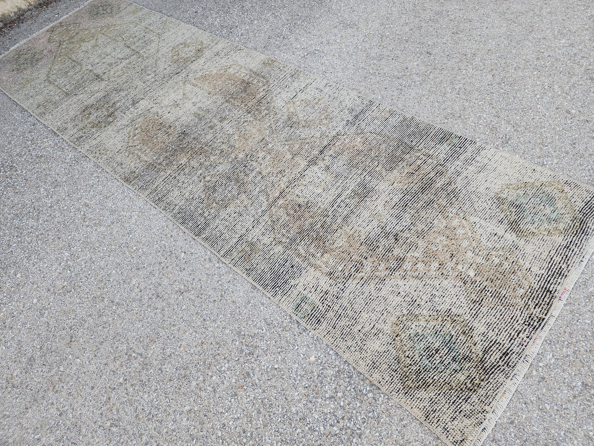 Turkish Wool Runner Rug 3x11: Gray Rustic Farmhouse Decor