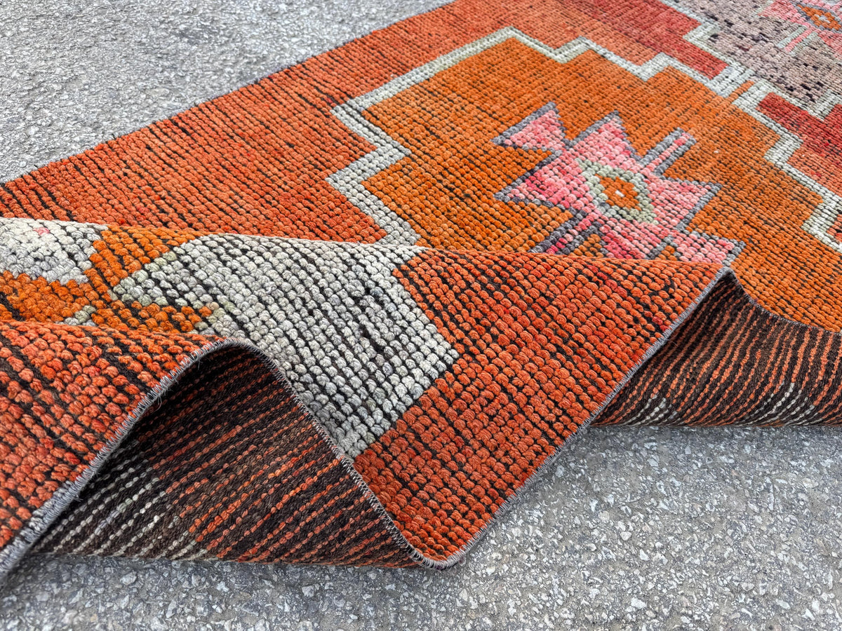 3x12 Oriental Herki Runner: Vintage Handwoven Wool in Burnt Orange & Brown with Geometric Motifs
