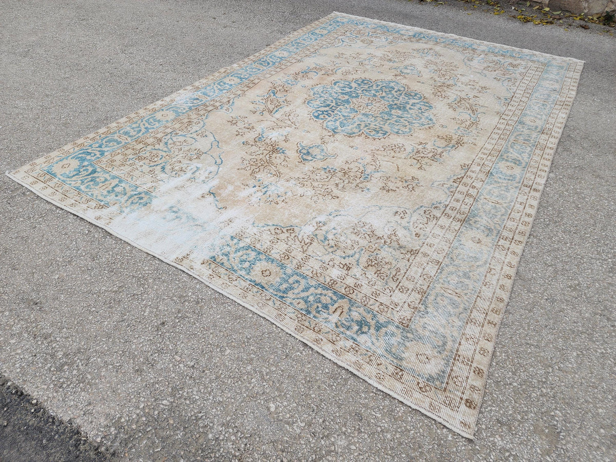 Green Medallion Turkish Oushak Rug 7x10: Wool Area Rug Boho Home Decor, Farmhouse Design