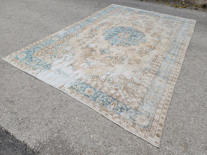 Green Medallion Turkish Oushak Rug 7x10: Wool Area Rug Boho Home Decor, Farmhouse Design