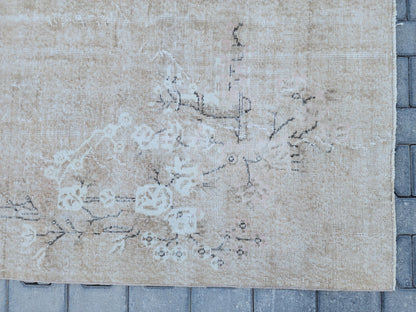 7x10 Vintage Oushak Rug: Neutral Beige Turkish Hand-Knotted Rug