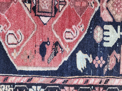 Vintage Wool Runner Rug: Animal Design, Navy Blue and Faded Red