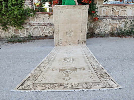 3x10 Neutral Vintage Runner Rug, Hand Knotted Rustic Decor, Hallway HandKnotted Wool Rug