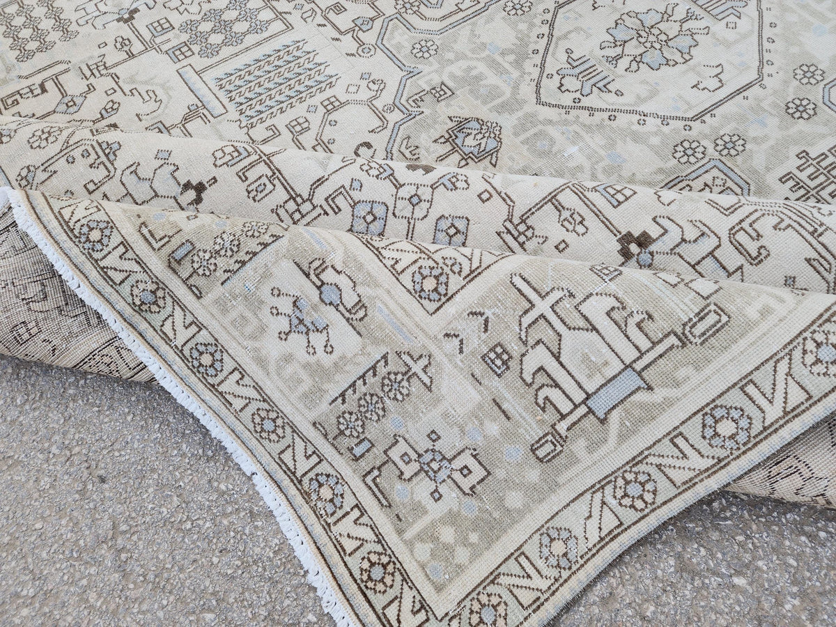 Vintage 9x13 Neutral Oriental Rug: Hand Woven Wool Cotton Area Rug, Geometric Pattern Carpet