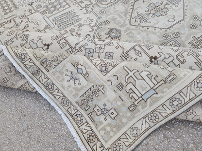 Vintage 9x13 Neutral Oriental Rug: Hand Woven Wool Cotton Area Rug, Geometric Pattern Carpet