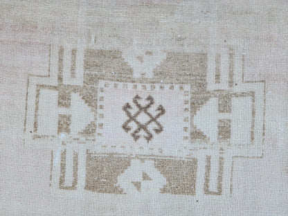 3x14 Neutral Long Runner Rug, Turkish Malatya Hand Made Wool, Beige Geometric Design