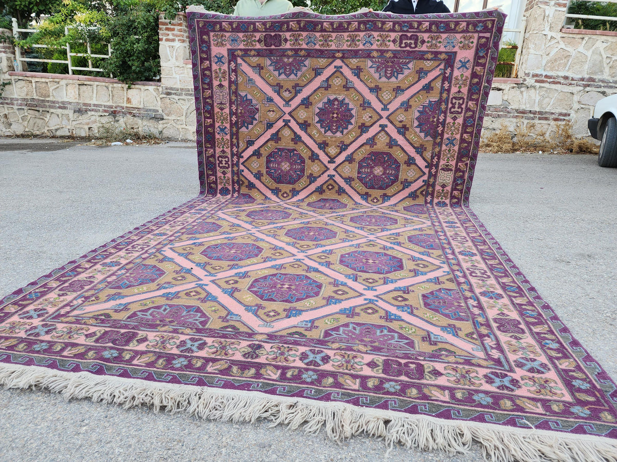 Vintage Soumak Kilim 7x11: Hand Knotted, Green and Purple