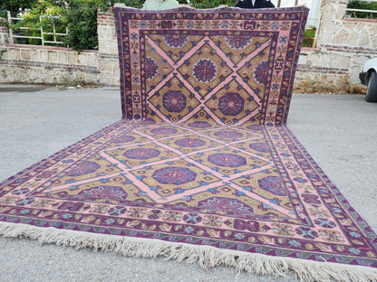 Vintage Soumak Kilim 7x11: Hand Knotted, Green and Purple