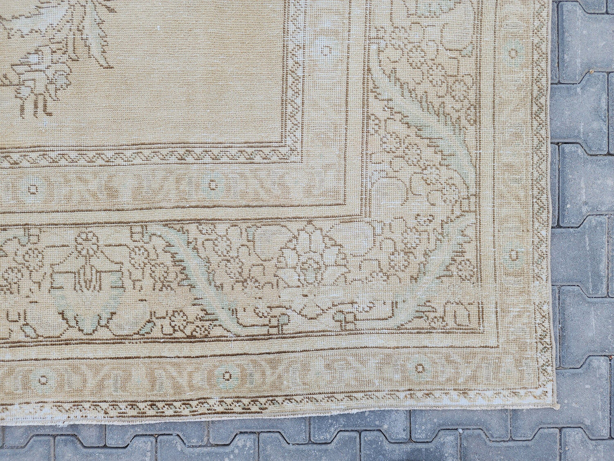 Vintage Oushak Rug 9x12: Beige & Gray Hand-Knotted Turkish Rug