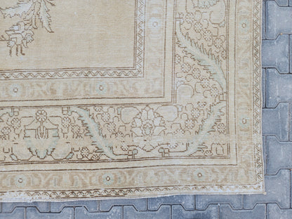 Vintage Oushak Rug 9x12: Beige & Gray Hand-Knotted Turkish Rug