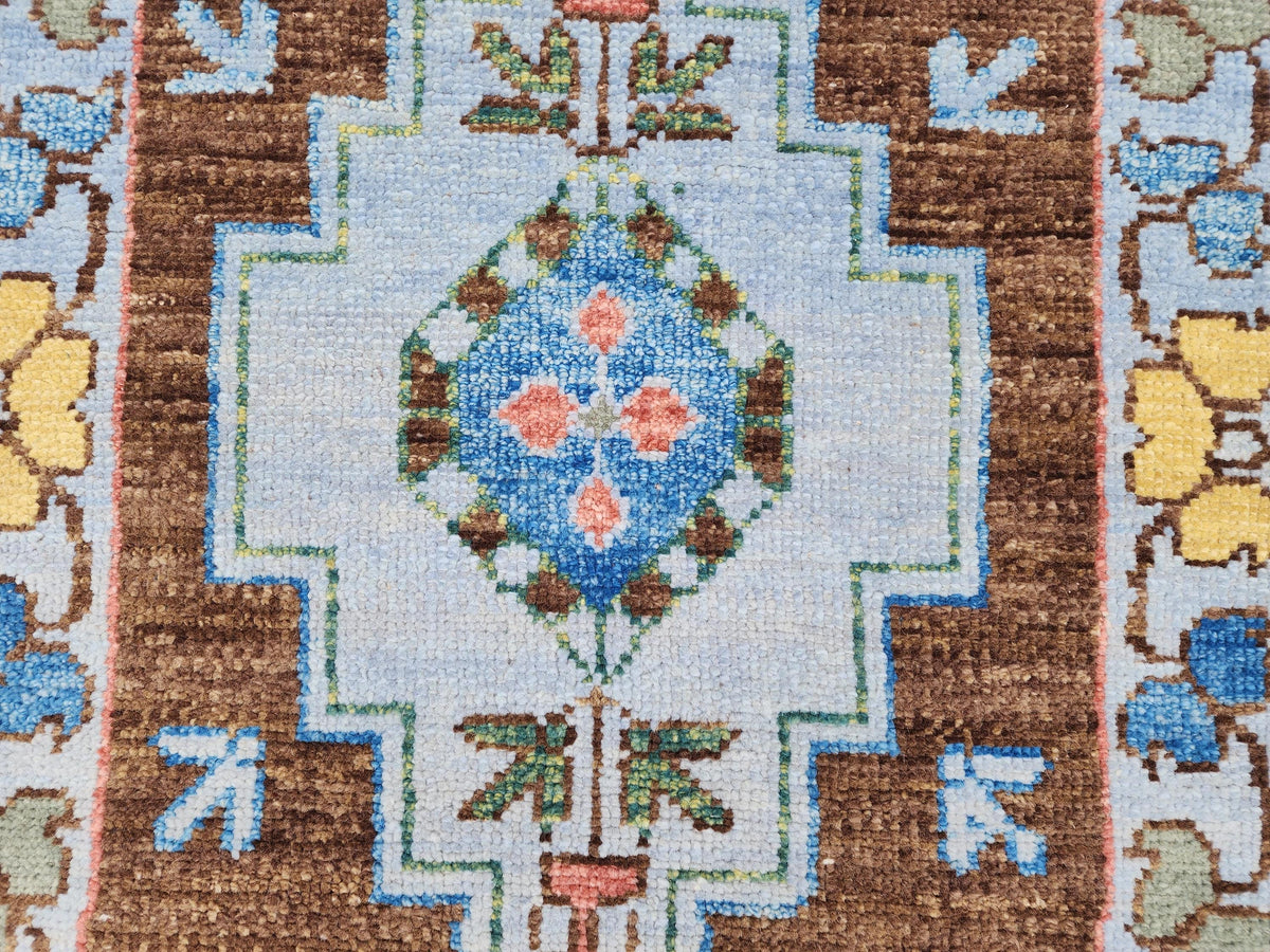 Handwoven 3x5 Oushak Rug: Turkish Wool, Brown & Blue Floral