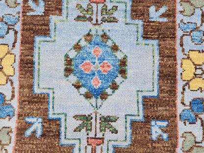 Handwoven 3x5 Oushak Rug: Turkish Wool, Brown & Blue Floral