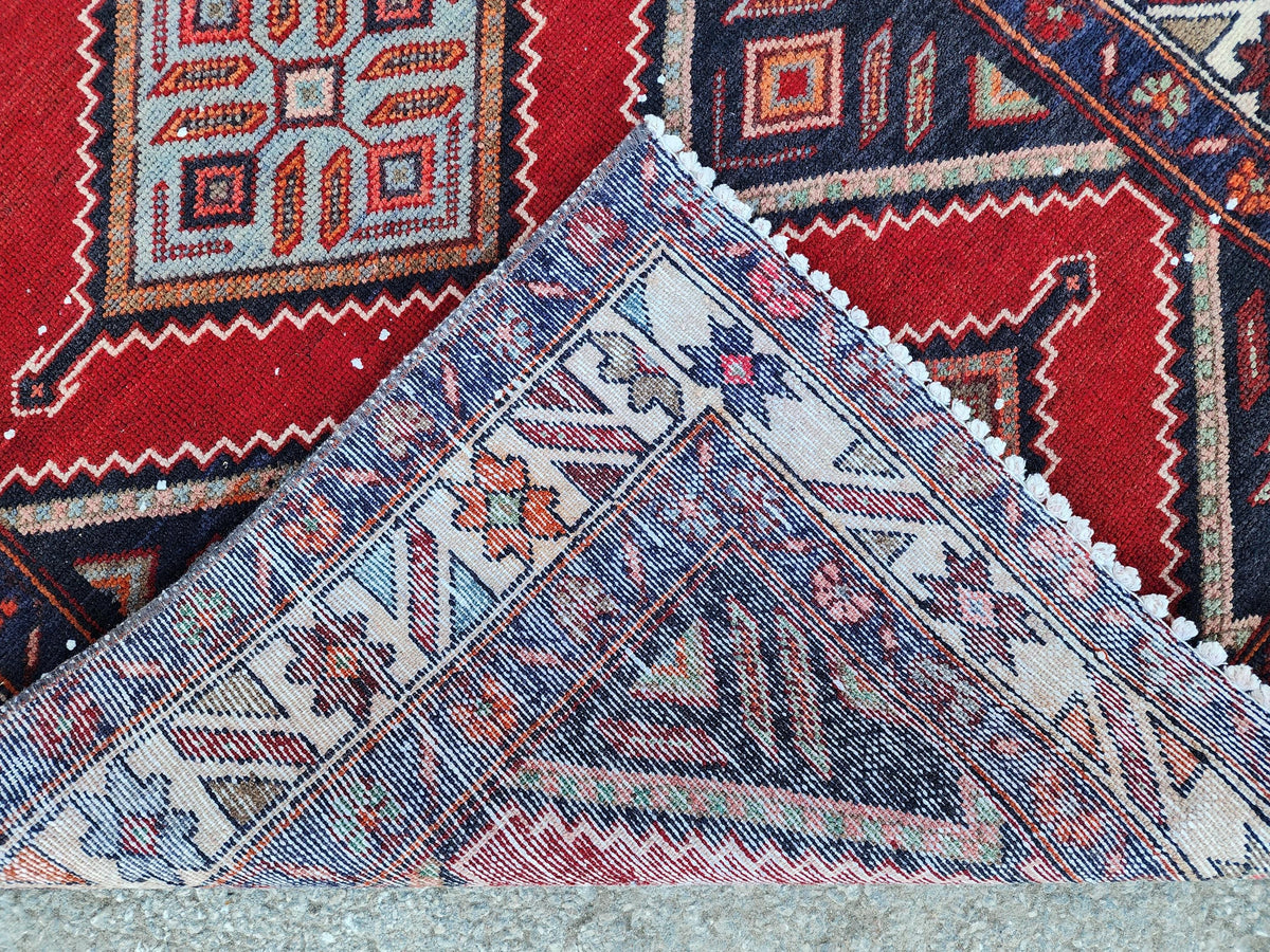 Vintage Hand Woven Rug 3x10: Red and Navy Blue, Persian Geometric Design
