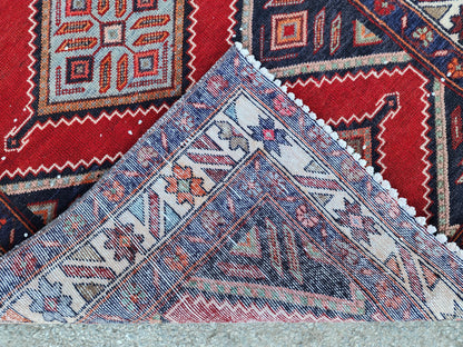 Vintage Hand Woven Rug 3x10: Red and Navy Blue, Persian Geometric Design