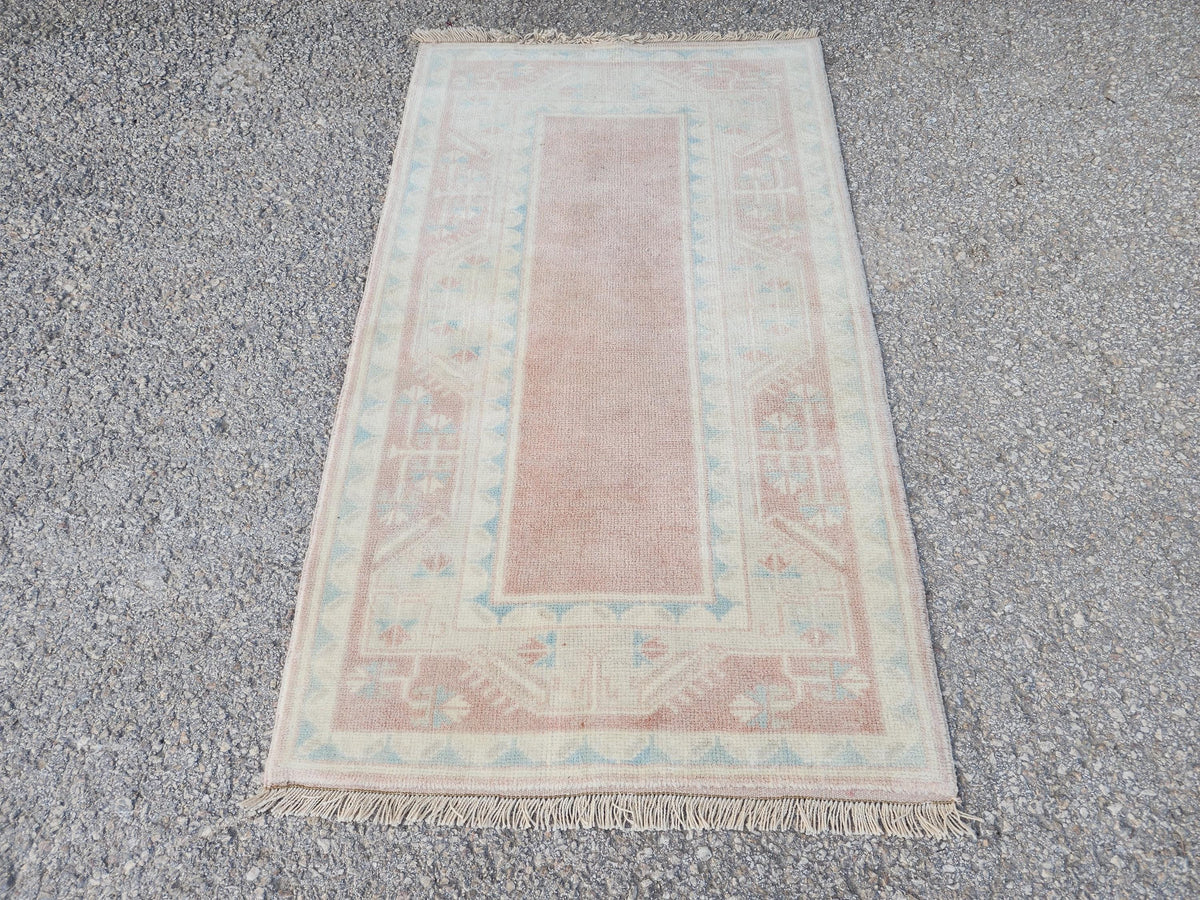 2x4 Mini Runner Rug, Oriental Hand Made Carpet For Boho Decor, Beige and Faded Red