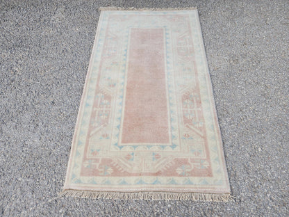 2x4 Mini Runner Rug, Oriental Hand Made Carpet For Boho Decor, Beige and Faded Red