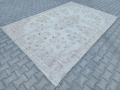 7x10 Oushak Rug: Beige Traditional Patterned Wool Carpet
