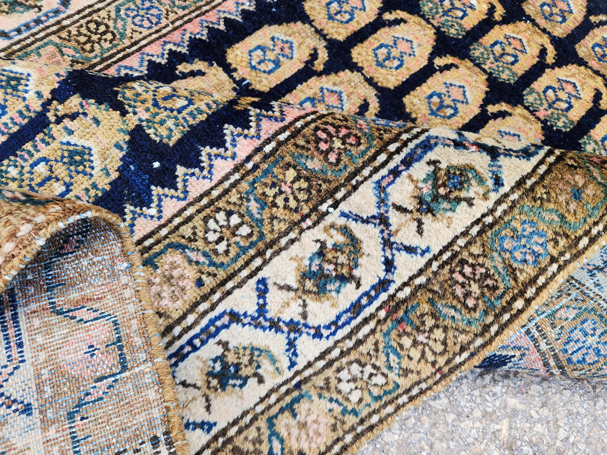 Antique Caucasian Runner Rug 3x17 ft | 100-Year-Old Hand-Knotted Wool Rug | Navy Blue Floral Gallery Runner