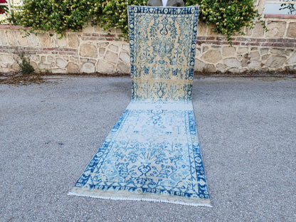 3x10 Boho Rug, Handmade Wool Persian Runner, Blue Floral Boho Hallway Decor