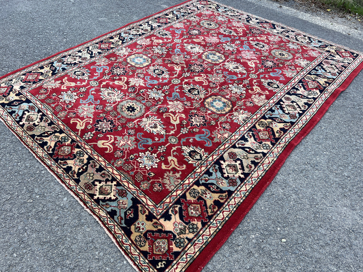 6x8 Vintage Oushak Rug: Red Wool Traditional Carpet