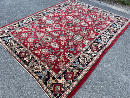 6x8 Vintage Oushak Rug: Red Wool Traditional Carpet