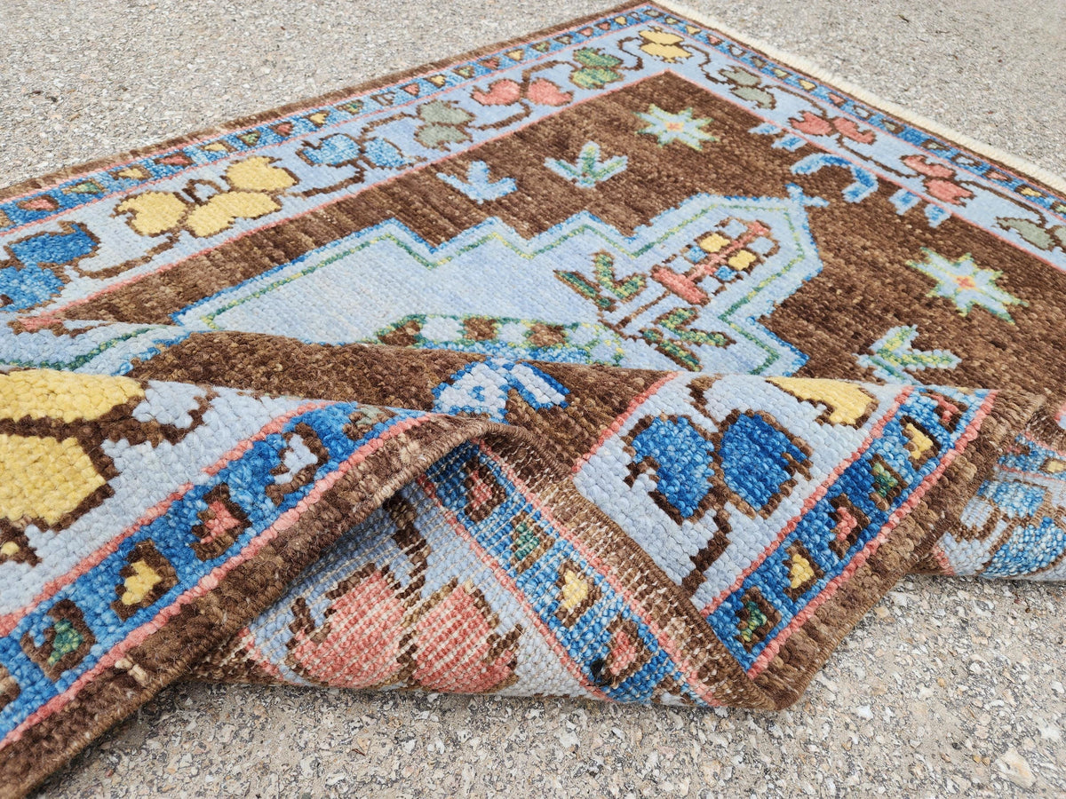 Handwoven 3x5 Oushak Rug: Turkish Wool, Brown & Blue Floral