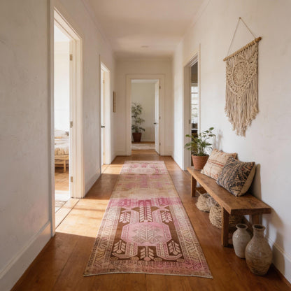 3x11 Pink Wool Runner Rug, Hand-Knotted Hallway & Entryway Rug, Neutral Boho Decor