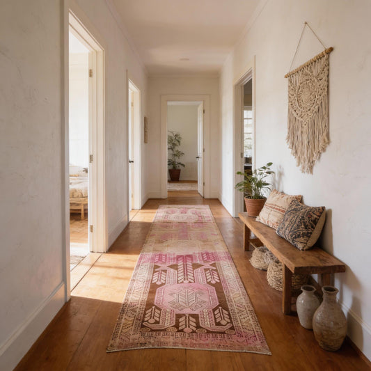 3x11 Pink Wool Runner Rug, Hand-Knotted Hallway & Entryway Rug, Neutral Boho Decor
