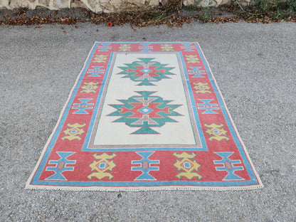 Hand Made Rug 4x6, Turkish Hand Knotted Rustic Carpet, Small Rustic Decor
