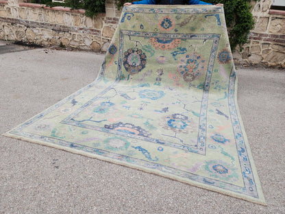 8x10 Oushak Rug: Eco Friendly Carpet,Handwoven Turkish Wool, Pastel Green Vintage Style