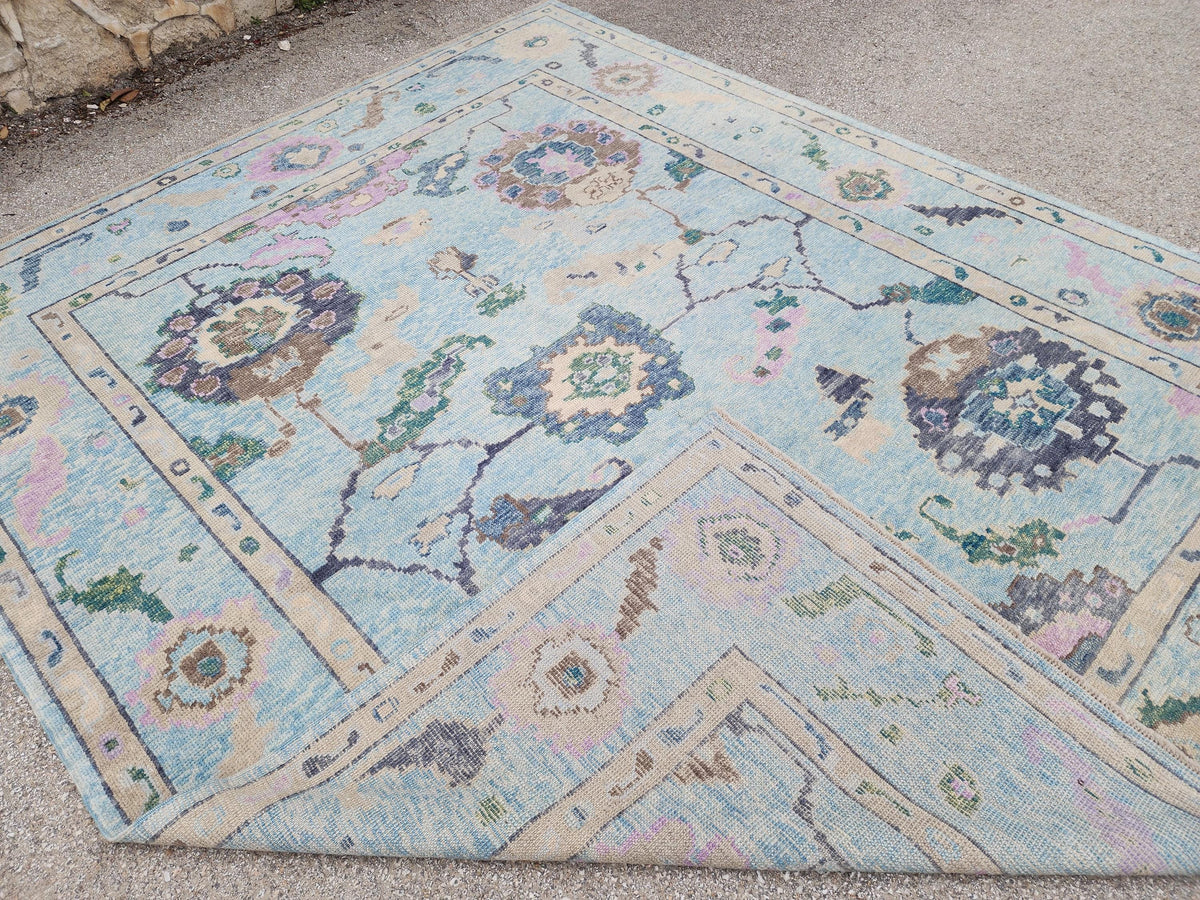 9x10 Oushak Rug: Pastel Blue Floral Up Cycled Wool Carpet, Vintage Boho Style,