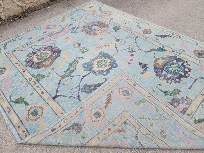 9x10 Oushak Rug: Pastel Blue Floral Up Cycled Wool Carpet, Vintage Boho Style,