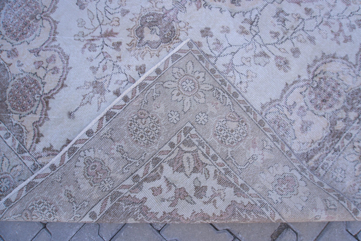 7x10 Neutral Area Rug, Bohemian Home Decor, Oriental Wool Beige and Green Carpet