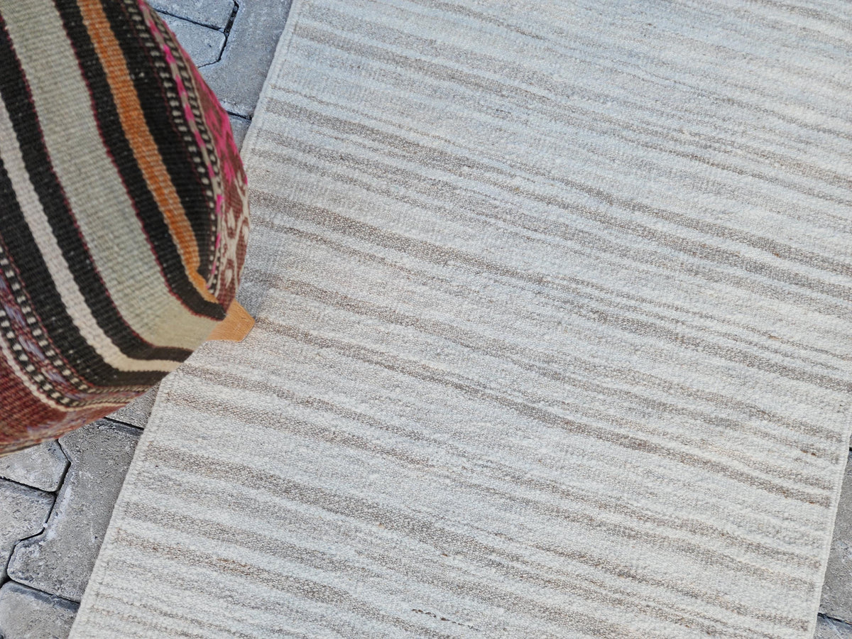 2x11 Neutral Turkish Kilim Runner Rug: Hand-Knotted Wool, Bohemian Hallway Decor