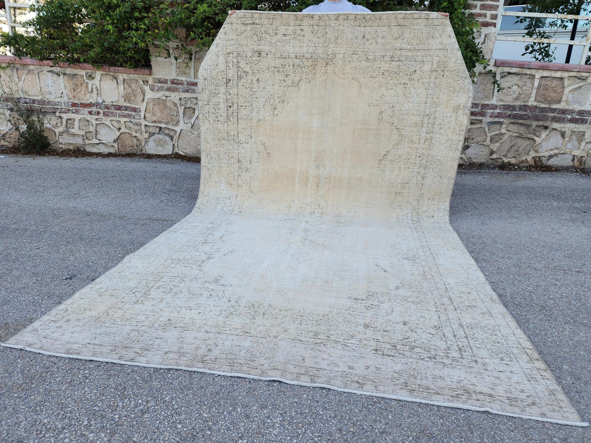 Neutral Area Rug 6x10, Beige and Soft Green, Turkish Hand Knotted, Oriental Home Decor