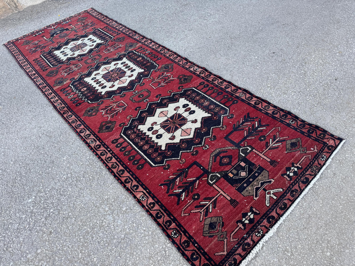 3x9 Vintage Wool Runner Rug: Hand Made, Persian Geometric Design, Medallion Pattern