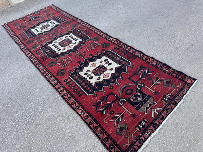 3x9 Vintage Wool Runner Rug: Hand Made, Persian Geometric Design, Medallion Pattern