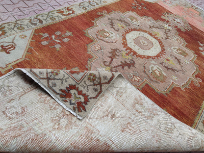 Vintage Oushak Rug 4x8: Hand-Knotted Wool Hallway Carpet