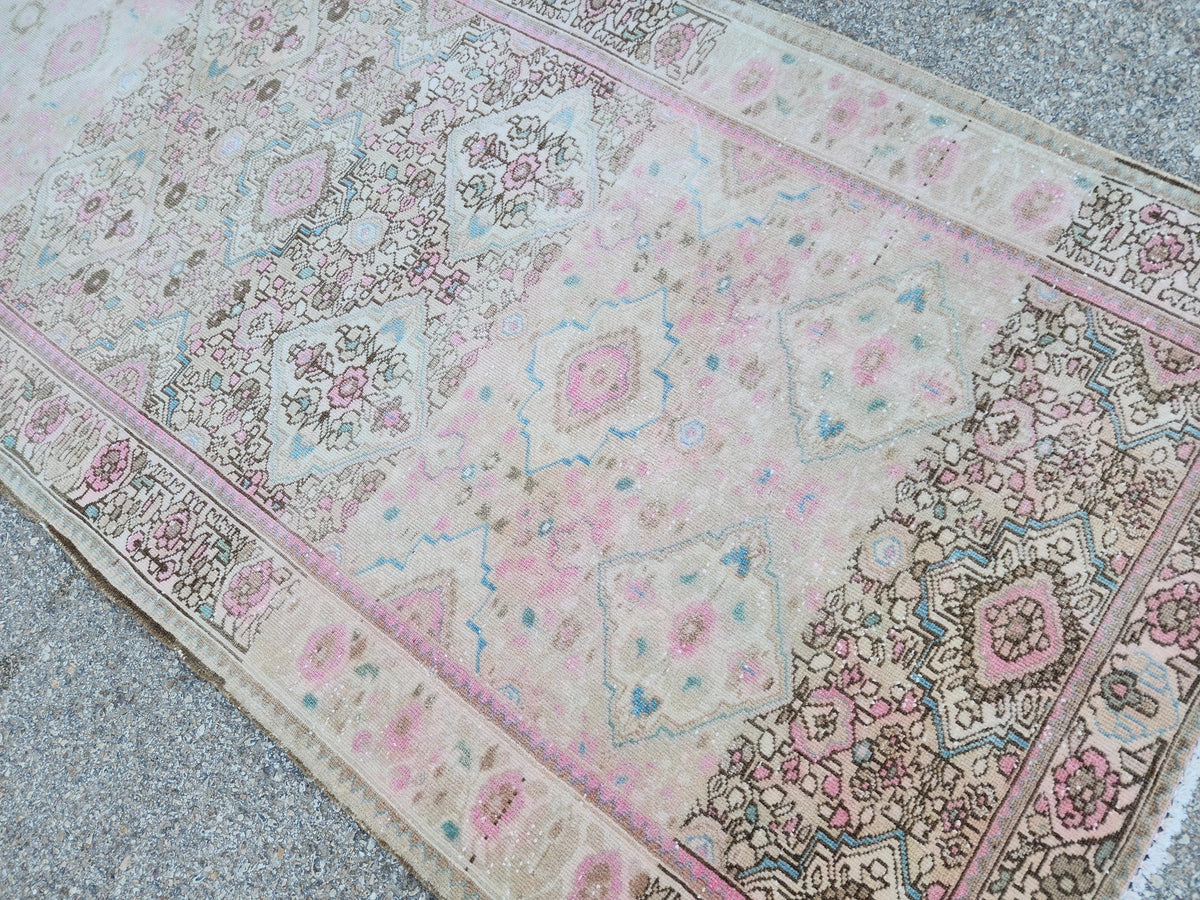 Vintage Neutral Runner Rug 3x9: Hand Knotted, Pink And Brown