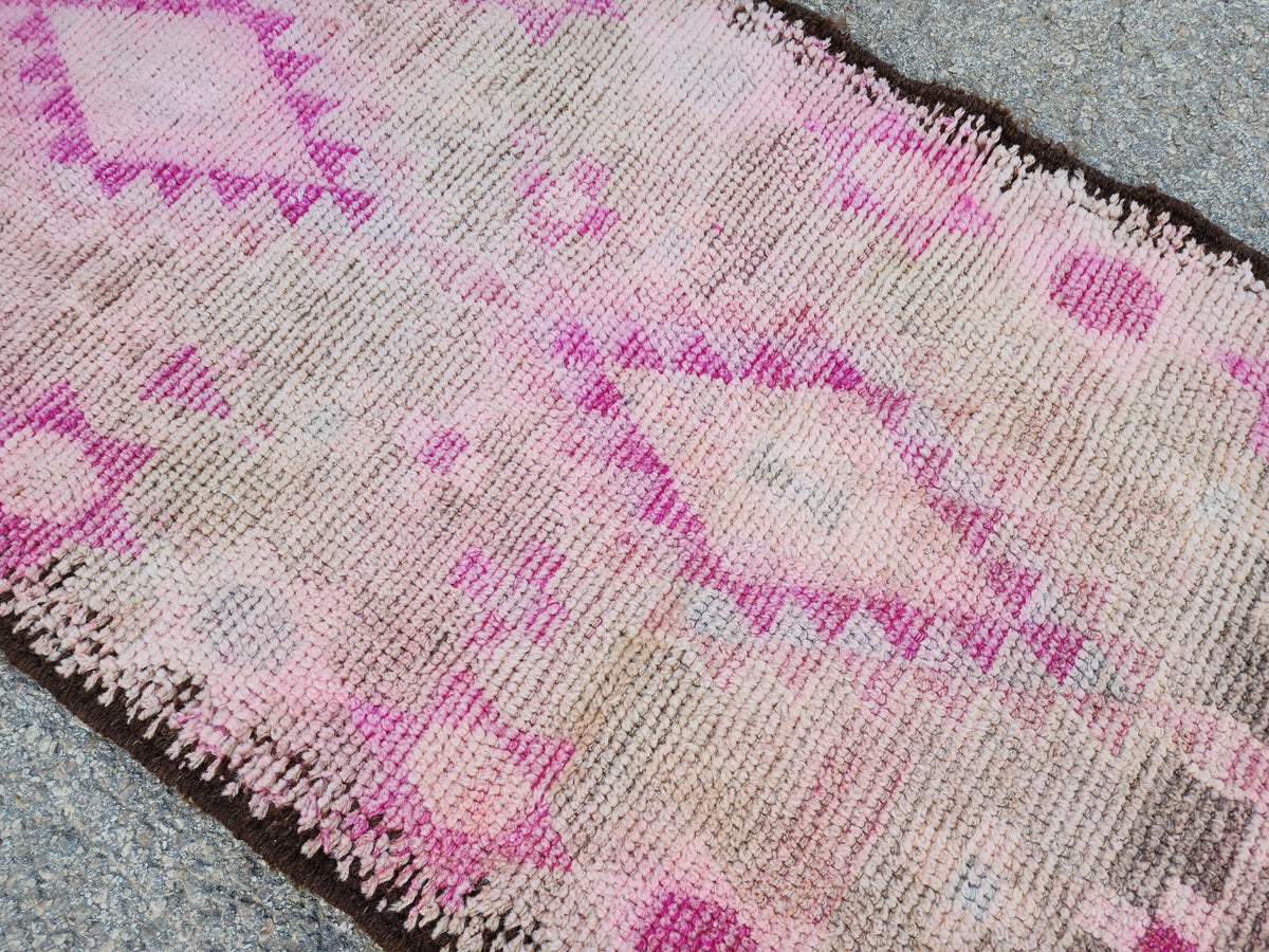 Herki Pink Runner Rug 2.7x10 ft, Turkish Wool Hand Made Carpet, Home Rustic Hallway Decor