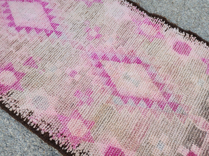 Herki Pink Runner Rug 2.7x10 ft, Turkish Wool Hand Made Carpet, Home Rustic Hallway Decor