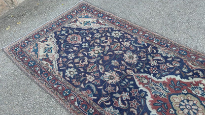 3x10 Vintage Persian Runner Rug – 1960s Hand Knotted Wool Rug, Navy Blue Floral Hallway Rug - sku2062