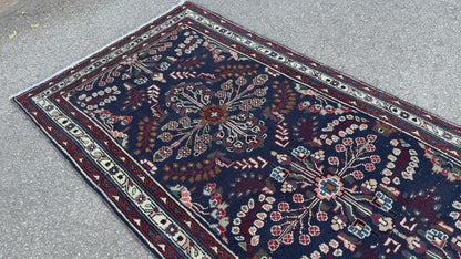 3x10 Vintage Runner Rug –Navy Floral Persian Style Hallway Rug, 1970s Antique Runner - sku2063