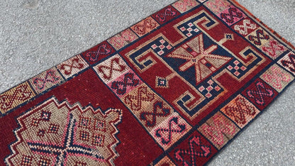 2x10 Vintage Herki Runner Rug – 1980s Hand Knotted Wool on Wool Rug, Tribal Red Hallway Rug - sku2043